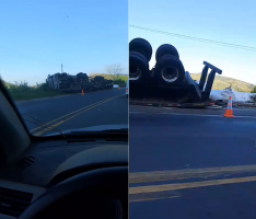 Carreta carregada de sal tomba em curva perigosa da BR-356, em Bom Jesus do Itabapoana