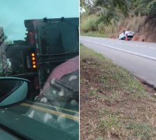Caminhão tomba e interdita parcialmente a BR-356; horas antes, carro capotou no Morro da Mangueira