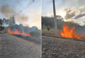 Incêndio avança sobre vegetação e chamas chegam perto de casas em Porciúncula