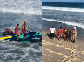 Guarda-vidas sustentam surfista ferido por mais de 2 horas em mar agitado até resgate chegar em Maricá; VÍDEO
