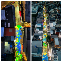 Vídeo mostra Via Ápia, na Rocinha, transformada por pintura gigante para a Copa do Mundo