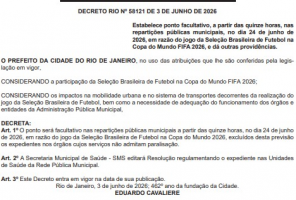 Rio terá ponto facultativo no dia 24 de junho por causa de Copa do Mundo
